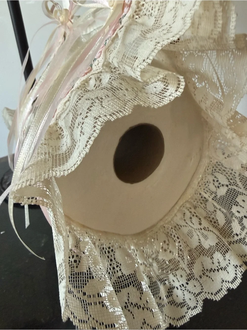🌹Hand Crafted Ivory and Pink Floral Hand Towel and Spare Toilet Paper Holder 🌹